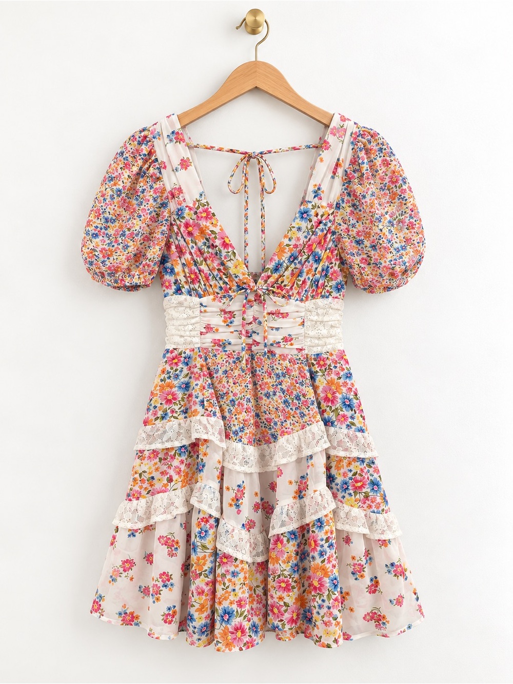 Altar’d State Aderny Patchwork Floral Mini Dress XS Cottagecore Ruffle - Picture 2 of 11